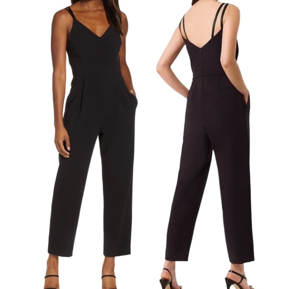 French Connection Anana Whisper Pleated V-Neck Cropped Sleeveless Jumpsuit Black
